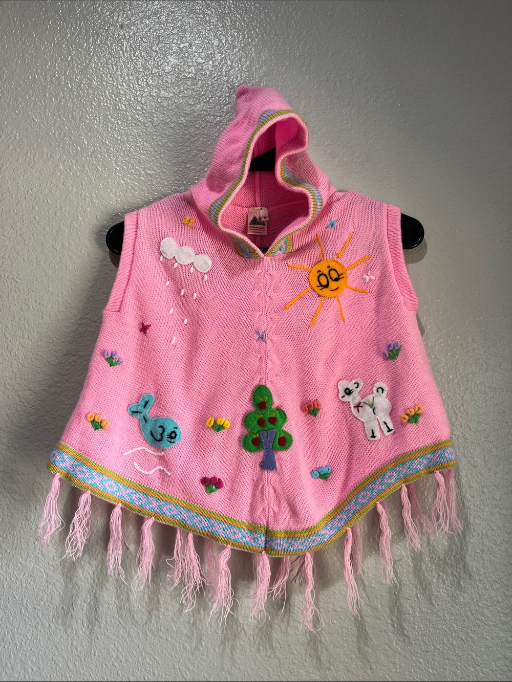Alpaca Lael Girls' Pink Hooded Knit Poncho with Sunny Embroidery Sz 6 Comfy